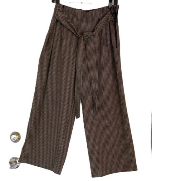 ZARA WOMAN Gingham Plaid Brown Wide Leg Culottes Trouser Slacks Womens Large - Picture 1 of 11